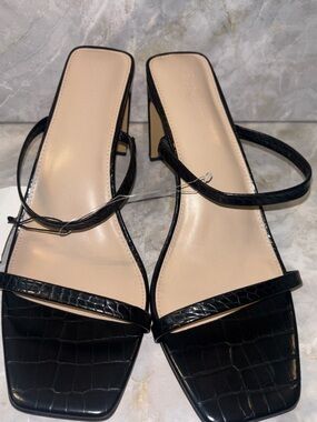 The Drop Black Croc-Embossed Square-Toe Strappy Heels